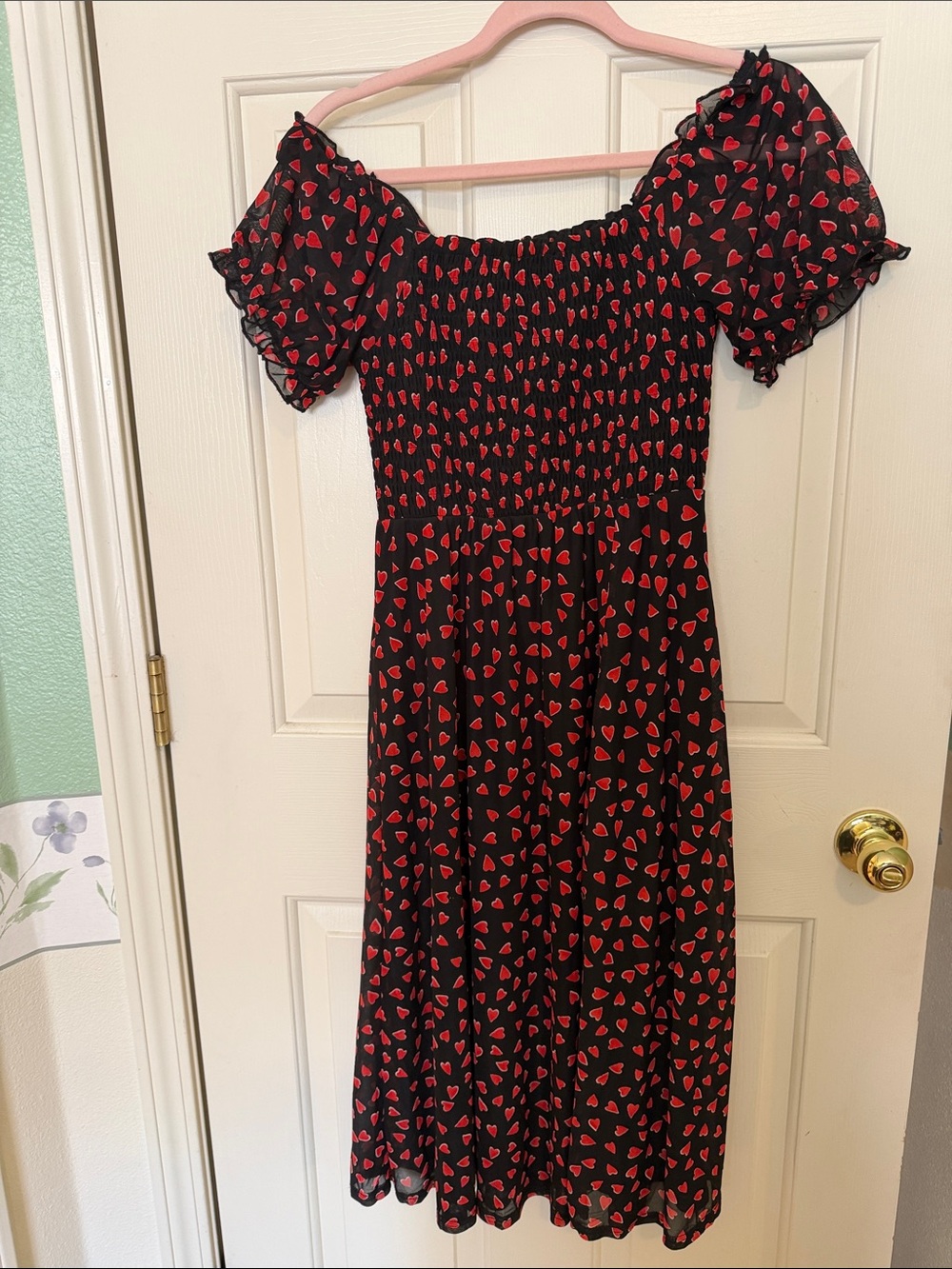 Ember Smocked Off-Shoulder Black Midi Dress with Red Heart Print